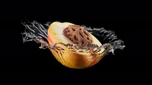 Rotação em loop de meio pêssego com caroço em água salpicada. Canal Alpha.