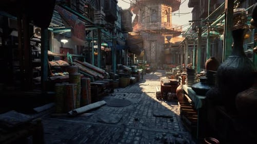 Twilight Market Scene Serene Evening Market Featuring Historic Charm