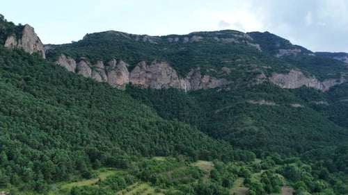 Drone Aerial View Flying Over a Lush Green Forest Mountain Valley