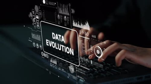 Fingers Type on Laptop with Data Evolution Overlay