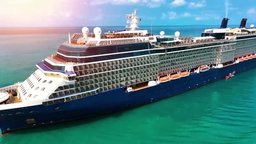 Top view of a beautiful white cruise ship in the Atlantic ocean, luxury vacation.