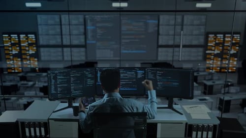 Happy Asian Man Looking At Code On Mobile Phone While Write Code With Multiple Screens In office