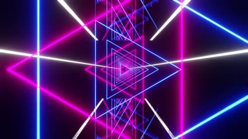 Psychedelische Dreiecks-Neonshow mit blauem und violettem Licht, VJ Loop-Hintergrund, 4K