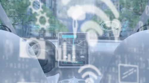 Digital animation of digital icons against futuristic car self driving across the city