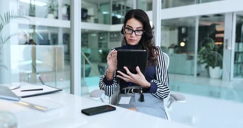 Office, administration and woman in hospital with tablet, health report