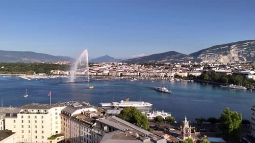 Drone shot of Lake Geneva in Geneva city, Switzerland