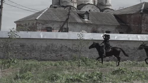 A Serene Rustic Scene Featuring a Horse Positioned Near Some Historic Architecture Structures