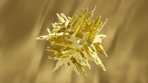 Golden Cube Structure Rotating Slowly Revealing Intricate Geometric Details with Luminous
