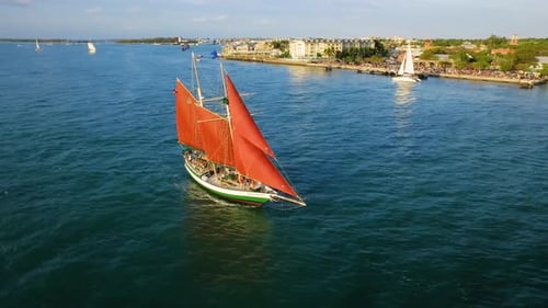 Aerial view of sailboat sailing in the ocean