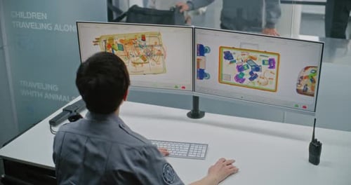 Female Security Officer Monitoring Xray Scanning of Luggage on Computer Screens in Airport