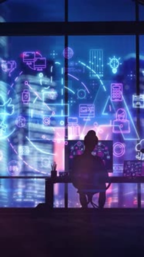 Businesswoman Working on Computer with Ideas Hologram at Night