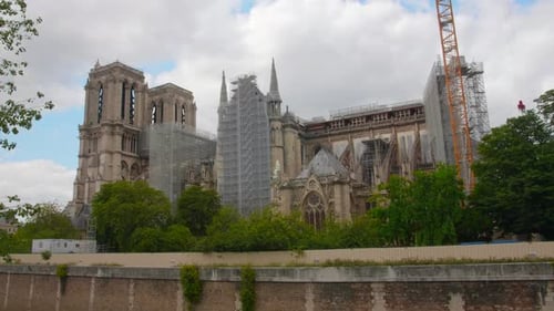 Notre-Dame de Paris cathedral under reconstruction and renovation after the fire of April 2019. Cons