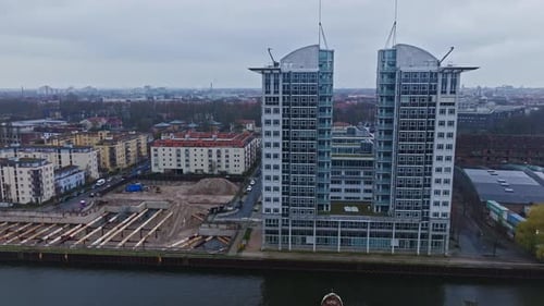 Aerial view of modern buildings on the bank of spree river