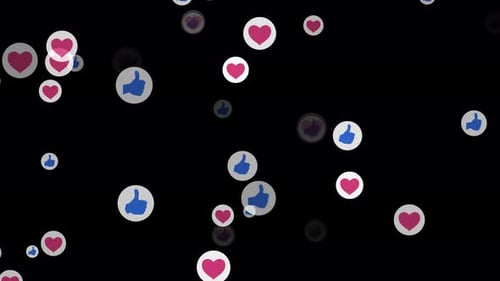 Social Media Like And Love Icon Flying On Black Background. Love React And Like React Effects For