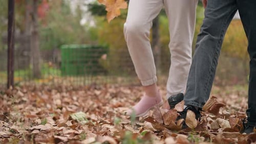 In Ruhe im Freien durch trockene Herbstblätter gehen