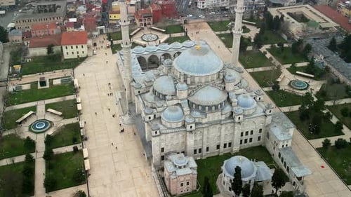 Fatih Mosque in Istanbul Turkey fly back shot