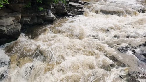 Stormy streams of water and cascades of mountain river waterfalls.