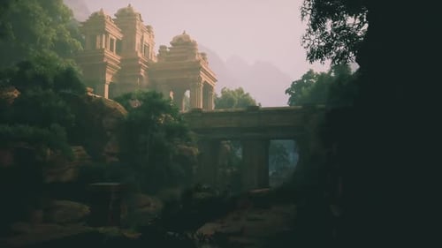 Mysterious Ancient Ruins Surrounded By Lush Greenery in a Serene Landscape