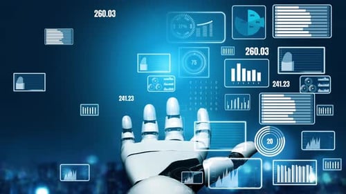 Mano robótica futurista que interactúa con pantallas de datos digitales, ilustrando tecnología avanzada y arte