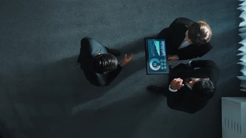 Top view of businessman joined a team and shake hands with manager. Directorate.