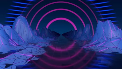 Retrowave VJ video game landscape, neon lights and low poly terrain mesh. Seamless loop.