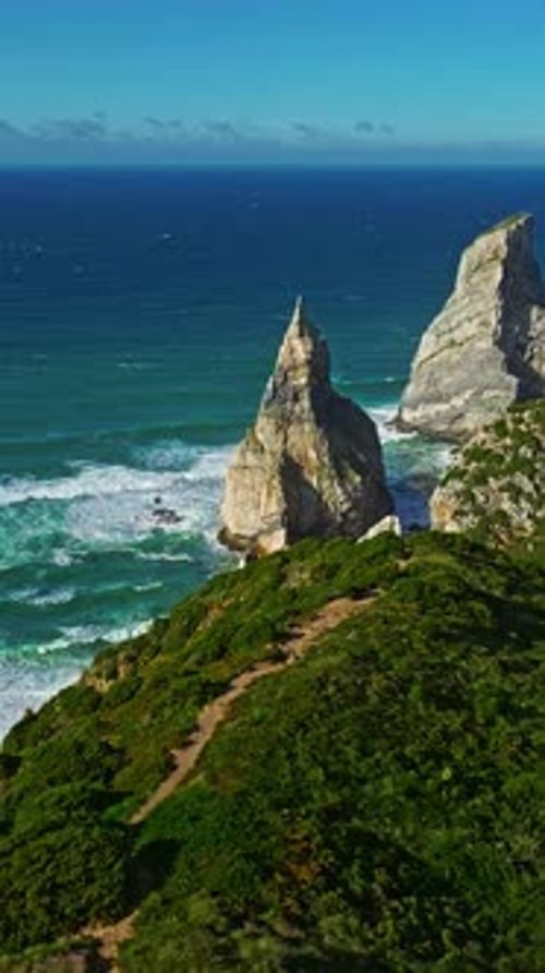 Aerial View of Deserted Wild Beach Ursa Rocky Beach in Atlantic Ocean Coastline Praia Da Ursa Beach