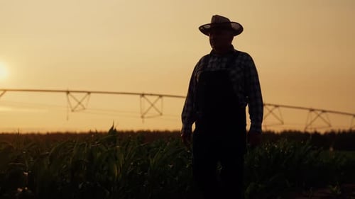 Farmer in Field at Sunset with Irrigation System