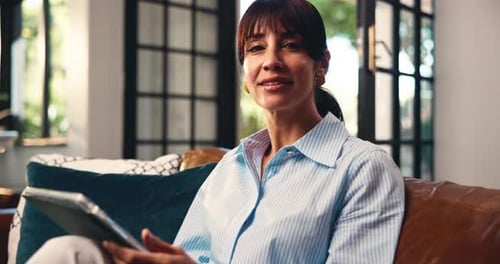 Face, tablet and happy woman in home for remote work, copywriting and laugh