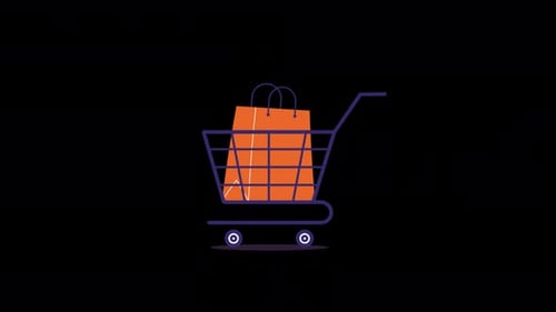 Animated Flat Design Shopping Cart Icon with Bag