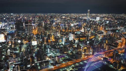 Vibrant Timelapse of Huge City at Night with Dynamic Data Visualization Overlays Highlighting