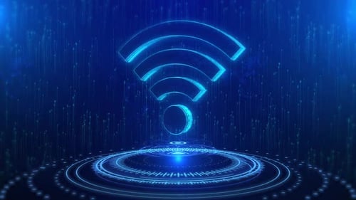 Futuristic Glowing Wi-Fi Symbol with Digital HUD Interface Animation