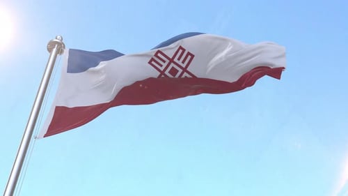Realistic 3D Flag Waving in Blue Sky with Sun Flare