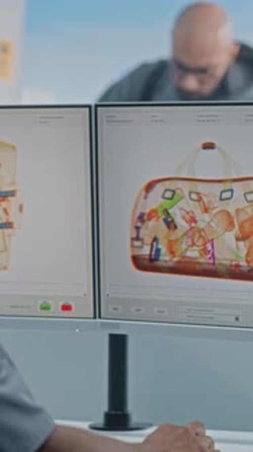 Airport Security Security Officer Monitoring Xray Scanning of Luggage on Computer Screens