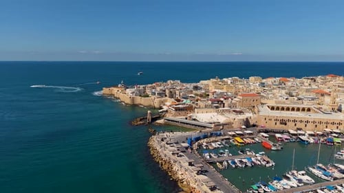 Aerial video over the old city of Acre in northern Israel