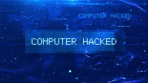 Animation de texte numérique piratée par ordinateur sur une carte du monde futuriste et des effets HUD