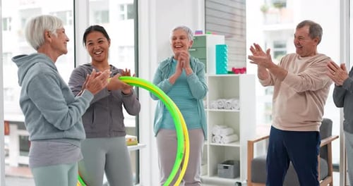 Fitness, senior and people with applause at gym at end or exercise class for wellness