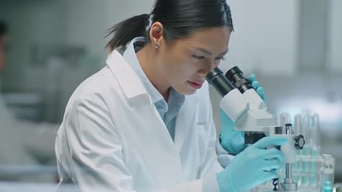 Scientist Using Microscope in Brightly Lit Laboratory