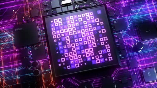 Futuristic Processor Animation with Digital Data Flow and Glowing Circuitry