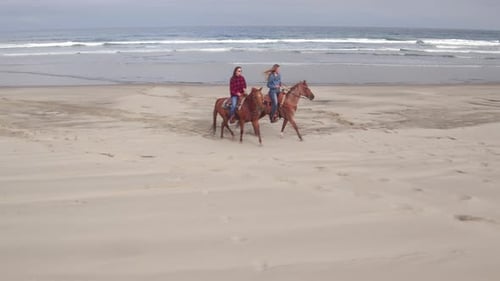 Aerial View of Women Riding Horses at Beach Active