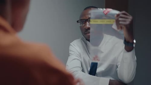 Man Holding Evidence Bag During Interrogation