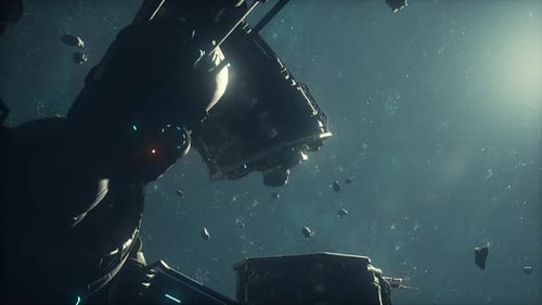 Animated Futuristic Space Station Amidst Asteroids in Deep Space