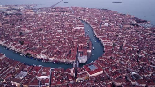 Aerial view of Venice city and Grand Canal at sunrise, Venice, Italy.