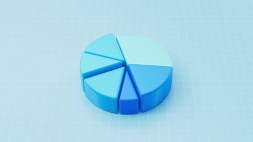 Gráfico circular giratorio azul en 3D con información de segmentos coloridos, visualización financiera gráfica en 3D