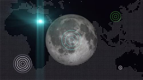 Moon planet rotating on space and radio wave signal, Animation of Moon planet seen from space, 2355
