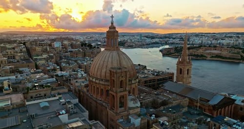 Aerial View of Valletta Old Town in Malta at Sunset Flying Over Valletta Old City Malta