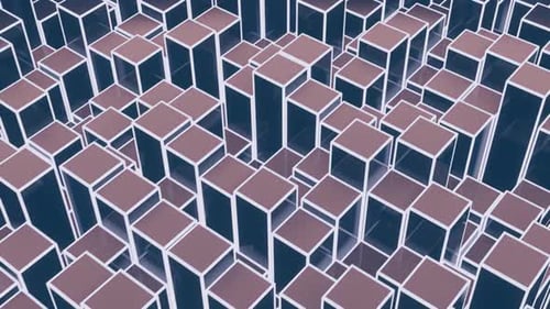 3d rendering of a field of pink and purple cubes with yellow edges, endless loop