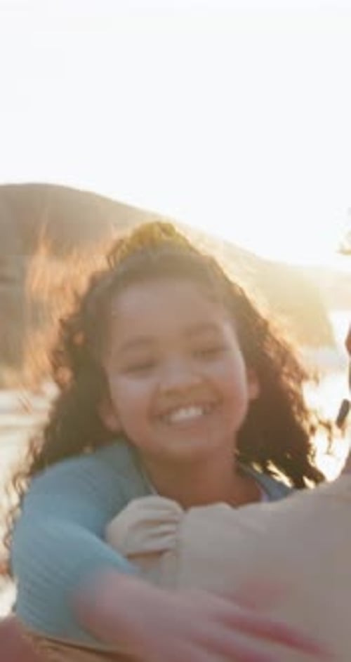 Running, hug and mother and daughter at a beach with love, happy and excited for reunion