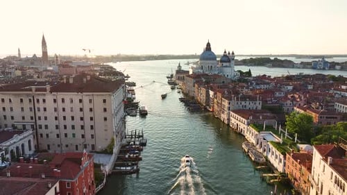 Forwards Fly Above the Grand Canal of Venice at Sunrise Italy