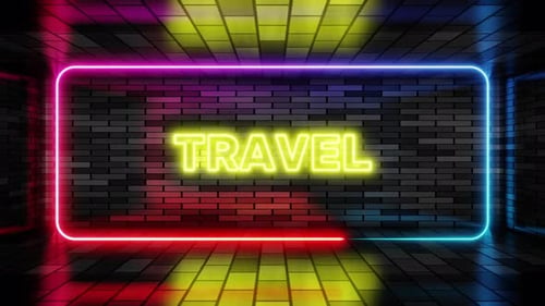 Neon sign travel in speech bubble frame on brick wall background 3d render. Light banner