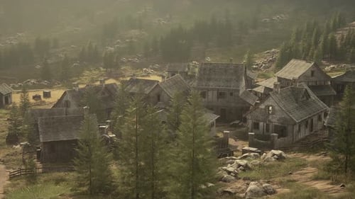 Aerial View of Rustic Medieval Village in Hazy Landscape